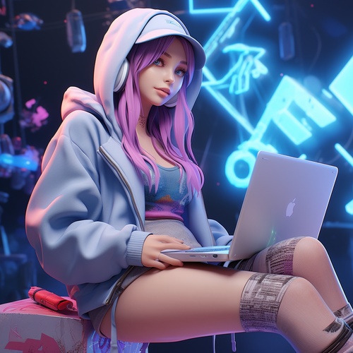 a girl is sitting on a laptop in front of a poster, in the style of rendered in unreal engine, gongbi,3D internet workers, fashion wear, colorful cartoon,close-up, heavy shading , in the style ofinteractive pieces, soft gradients, daz3d, animated gifs,azure,charming illustrations,award-winningar 1:1-niji 5