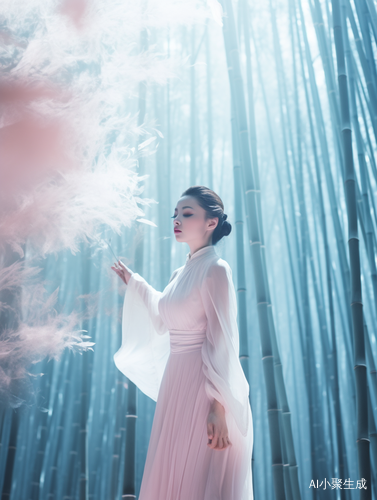 竹林背景中的浪漫古风白衣女子