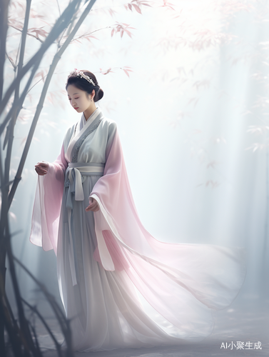 绝美汉服女子在竹林背景下的弥散渐变