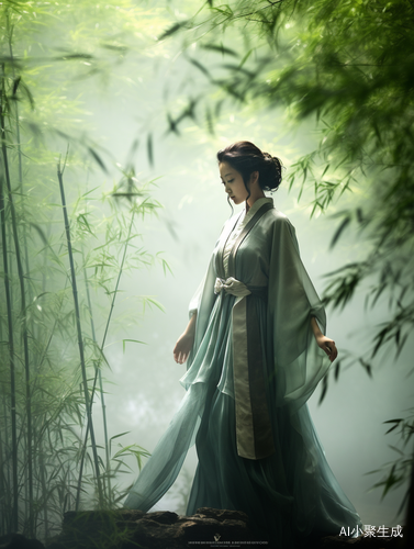 绝美汉服女子在竹林中的瑰丽光影