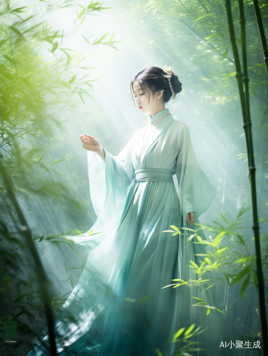 绝美汉服女子在竹林中的瑰丽光影