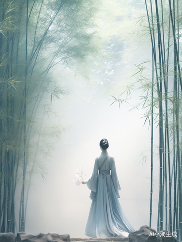 绝美汉服女子在竹林中的瑰丽光影