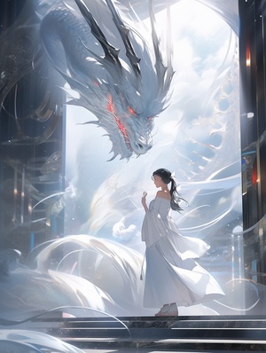 In front of a white glass dragon, stands a Chinese woman, facing the camera, wearing a gorgeous white silk dress, magical scenes, glass, translucent, crystal,photography, product rendering film, surrealism, glass materials, master works, God's rays, high details, ultrahigh definition