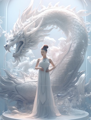 In front of a white glass dragon, stands a Chinese woman, facing the camera, wearing a gorgeous white silk dress, magical scenes, glass, translucent, crystal,photography, product rendering film, surrealism, glass materials, master works, God's rays, high details, ultrahigh definition