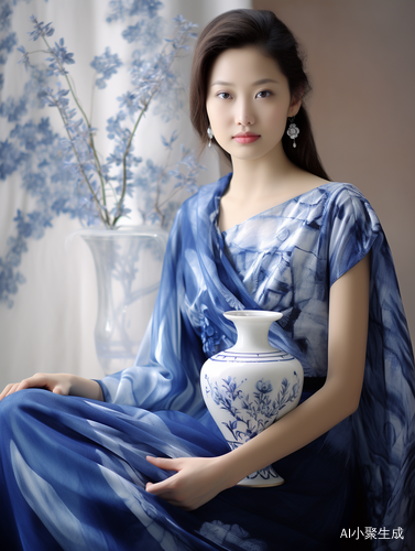 东方美丽女人与青花瓷花瓶的画中风景