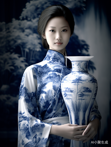 东方美丽女人与青花瓷花瓶的画中风景