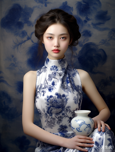 东方美丽女人与青花瓷花瓶的画中风景