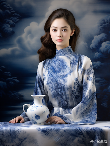 东方美丽女人与青花瓷花瓶的画中风景