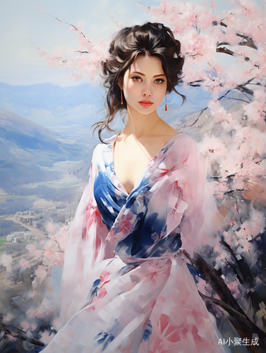 东方美丽女人穿着白蓝扎染裙，樱花山水背景的超高清油画