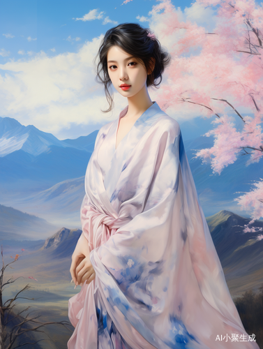 东方美丽女人穿着白蓝扎染裙，樱花山水背景的超高清油画