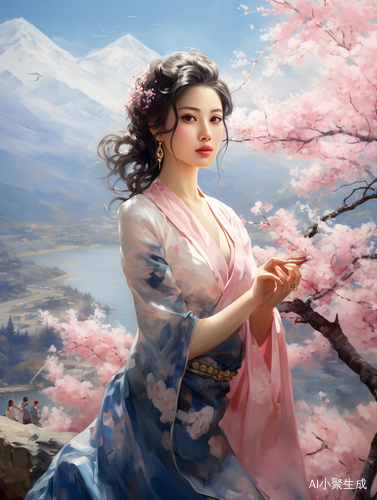 东方美丽女人穿着白蓝扎染裙，樱花山水背景的超高清油画