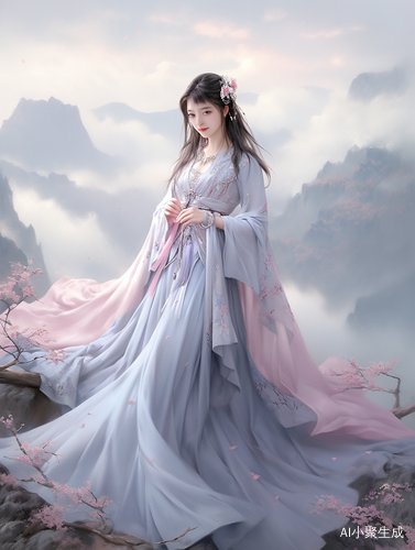 东方美丽女人在蓝色山水背景下的优雅姿态