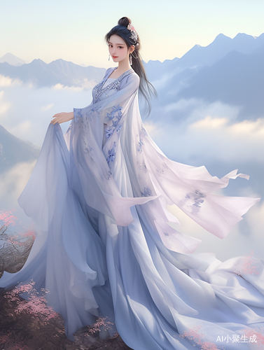 东方美丽女人在蓝色山水背景下的优雅姿态