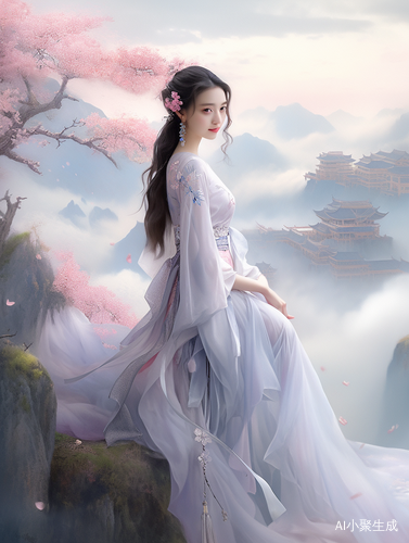东方美丽女人在蓝色山水背景下的优雅姿态