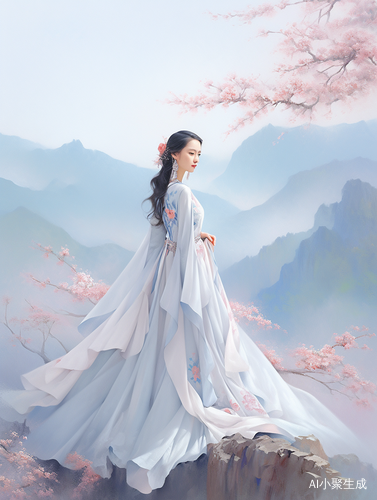 东方美丽女人在蓝色山水背景下的优雅姿态