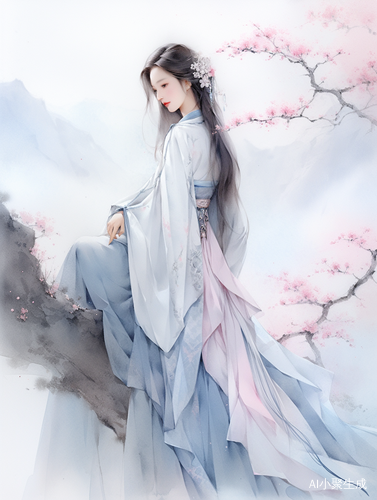 东方美丽女人，穿着扎染长裙，樱花山水背景