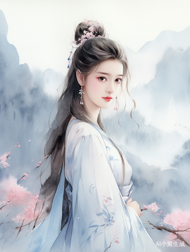 东方美丽女人，穿着扎染长裙，樱花山水背景