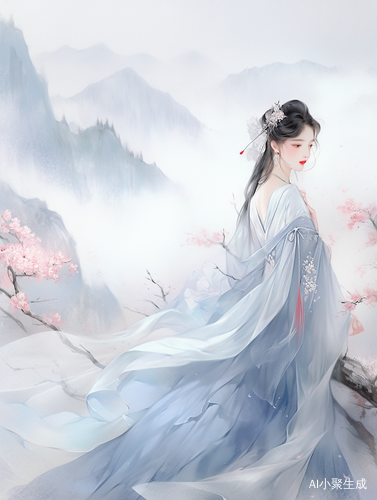 东方美丽女人，穿着扎染长裙，樱花山水背景