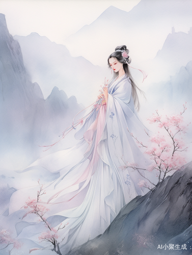 东方美丽女人，穿着扎染长裙，樱花山水背景