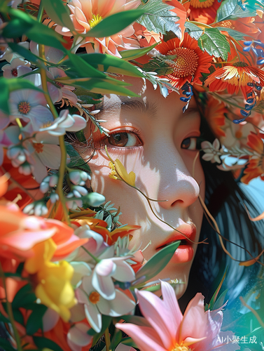 Fanciful Surrealism: Chinese Girl in Colorful Flower World