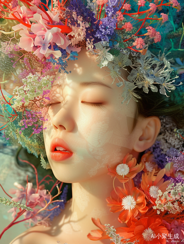 Fanciful Surrealism: Chinese Girl in Colorful Flower World