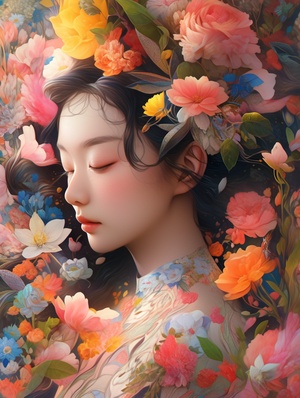 fanciful surrealism， 奇幻的超现实主义，an image of Chinese girl with colourful flowers and leaves, in the style of mixes realistic and fantastical elements, intricate flower worlds, fanciful surrealismwith a touch of humor, close-up,real light and shadoweffects,Kodak 5207