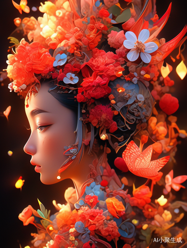 Fanciful Surrealism: Chinese Girl in Colorful Flower World