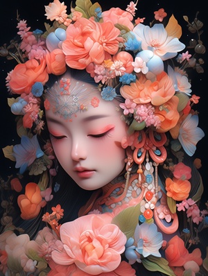 fanciful surrealism， 奇幻的超现实主义，an image of Chinese girl with colourful flowers and leaves, in the style of mixes realistic and fantastical elements, intricate flower worlds, fanciful surrealismwith a touch of humor, close-up,real light and shadoweffects,Kodak 5207