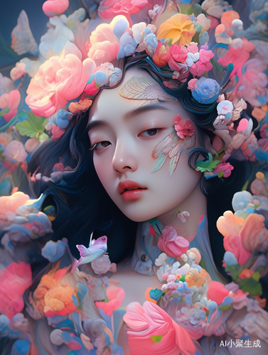 Fanciful Surrealism: Chinese Girl in Colorful Flower World
