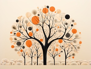 an illustration of an orange tree, in the style of organic forms, muted tones, delicate flowers, minimalist canvases, light orange and light black, nature-inspired shapes, symmetrical arrangements, soft and rounded forms