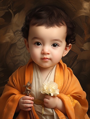 a cute little baby buddhist boy wearing a robe, in the style of light orange and dark brown, hannah yata, 8k resolution, photo montage, ayami kojima, meticulous design, wealthy portraiture