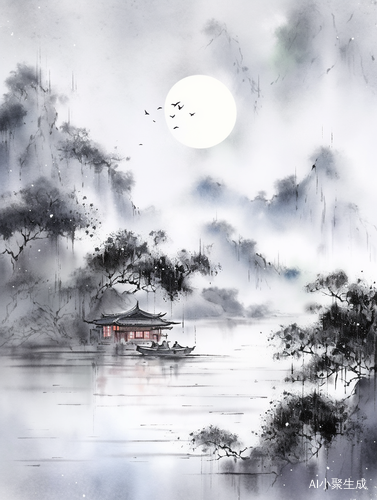春江水墨：月光照耀，波浪闪耀