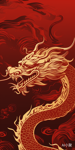 Abstract 2D Style: Golden Chinese Dragon on Red Background