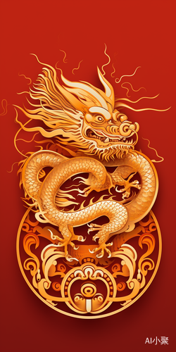 Abstract 2D Style: Golden Chinese Dragon on Red Background