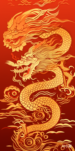 Abstract 2D Style: Golden Chinese Dragon on Red Background