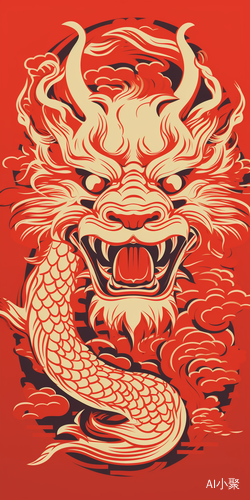 Abstract 2D Style: Golden Chinese Dragon on Red Background