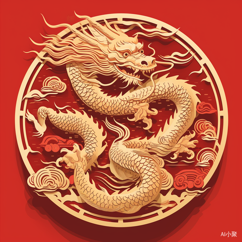 Abstract 2D Style: Golden Chinese Dragon on Red Background