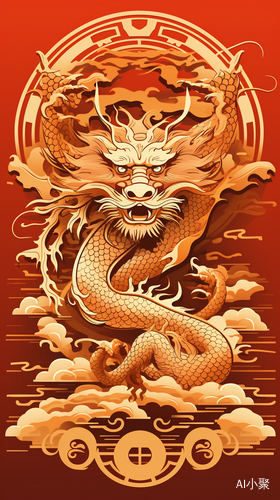 Abstract 2D Style: Golden Chinese Dragon on Red Background