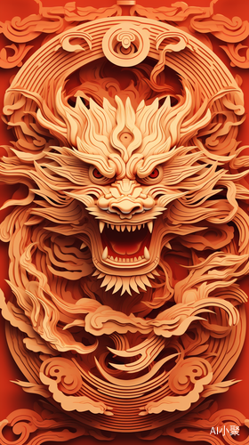 Abstract 2D Style: Golden Chinese Dragon on Red Background