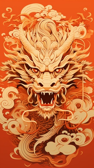 Illustrations, relief printing, line draft, hollow out, light gold Chinese dragon, abstract 2D style, abstract minimalism, simple lines, layout, four claws of Chinese dragon, golden dragon, red background,18k