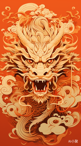 Abstract 2D Style: Golden Chinese Dragon on Red Background