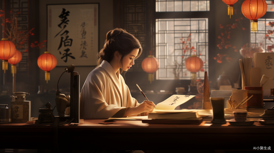 书房中的真实场景：37岁的中国女人手握毛笔，写春联
