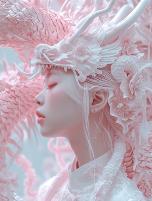 magazine irma pannefonte,beauty, in the style of chinese cultural themes, etherealcreatures, light white and light pink, dragon art, softfocus lens, 8k resolution, anime-inspired