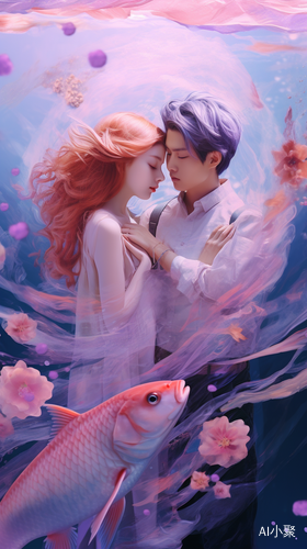 Surreal Water: Anime Aesthetics with Colorful Carp and Pink Lotus