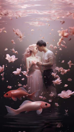 little photo of couple carp and water, light pink purple and clear color style, anime aesthetics, fun complexity, berry punk, gorgeous colors, 32k uhd, carol buckwater surreal water, surreal water, anime aesthetics, like something falls into the water, water forms a splash, realistic scene with a pink lotus next to it