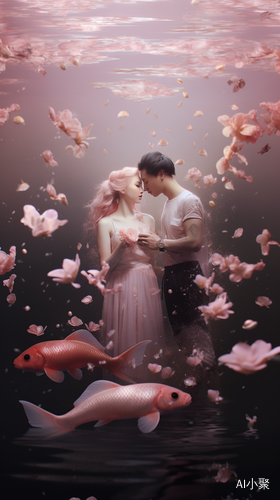 Surreal Water: Anime Aesthetics with Colorful Carp and Pink Lotus