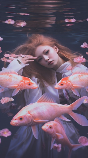 little photo of couple carp and water, light pink purple and clear color style, anime aesthetics, fun complexity, berry punk, gorgeous colors, 32k uhd, carol buckwater surreal water, surreal water, anime aesthetics, like something falls into the water, water forms a splash, realistic scene with a pink lotus next to it