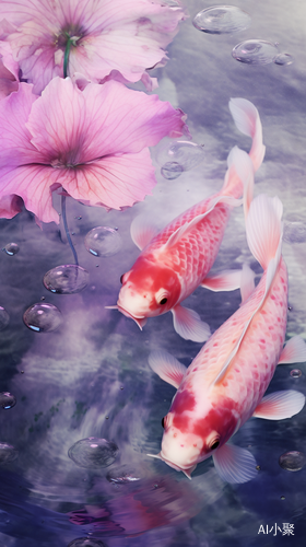 Surreal Water: Anime Aesthetics with Colorful Carp and Pink Lotus