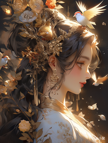 东方鸟仙美少女，梦幻金色花园，抽象插画