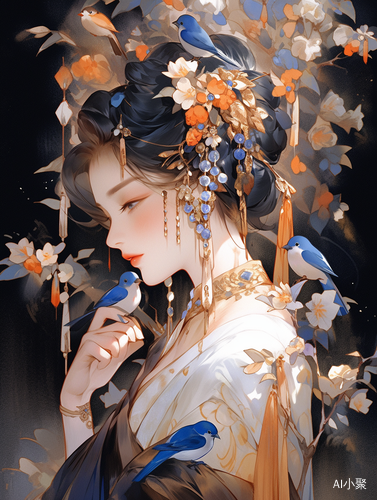 东方鸟仙美少女，梦幻金色花园，抽象插画